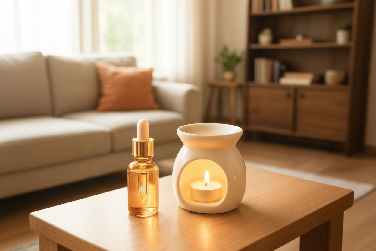 Aromatherapy oil bottle and diffuser on a table with a cozy living room background.