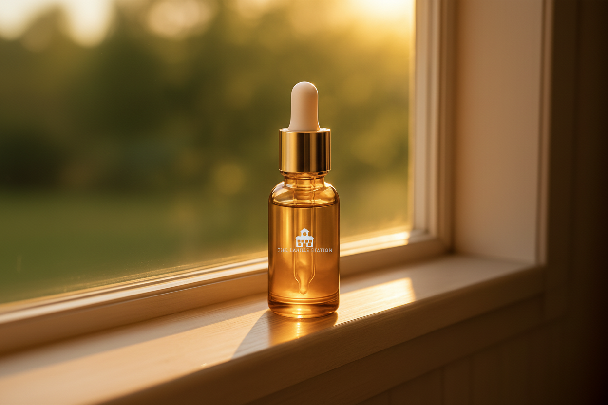 Amber glass dropper bottle with gold cap on a windowsill with natural light.